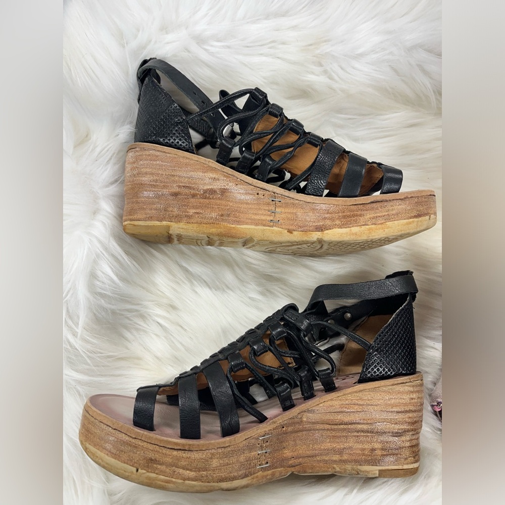 A.S.98 black leather wedge sandals women’s shoes ankle strap size 38 ( 7.5-8)
